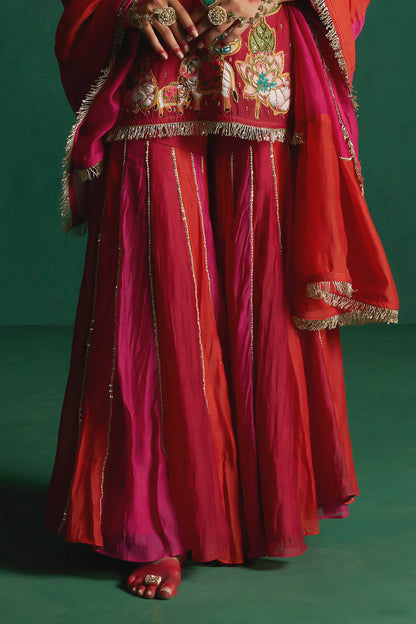 Shop Hirika &amp; Dhruti Red Two Tone Pichwai Patchwork Kurta Sharara Set For Kids