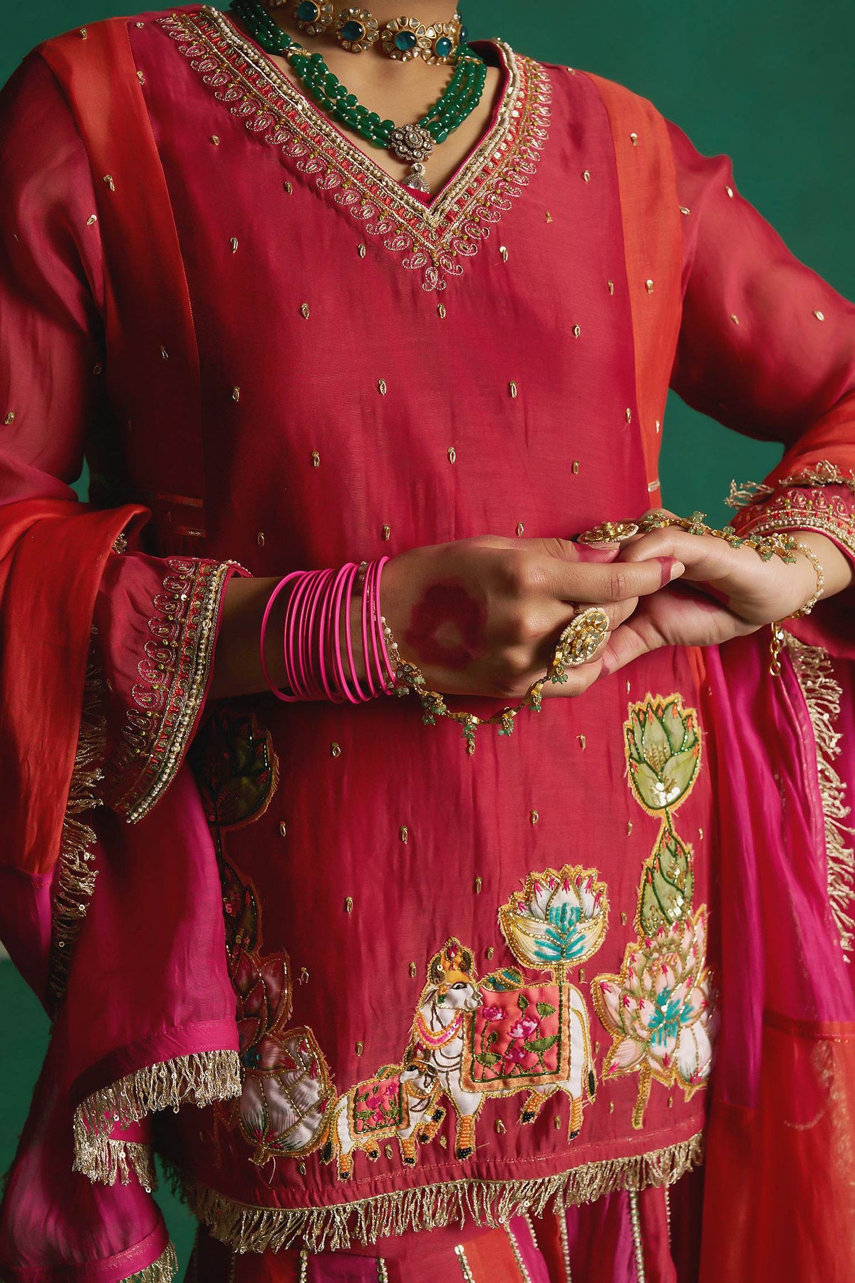 Hirika &amp; Dhruti Red Two Tone Pichwai Patchwork Kurta Sharara Set For Kids Online at Aza Fashions
