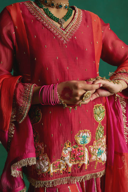 Hirika &amp; Dhruti Red Two Tone Pichwai Patchwork Kurta Sharara Set For Kids Online at Aza Fashions