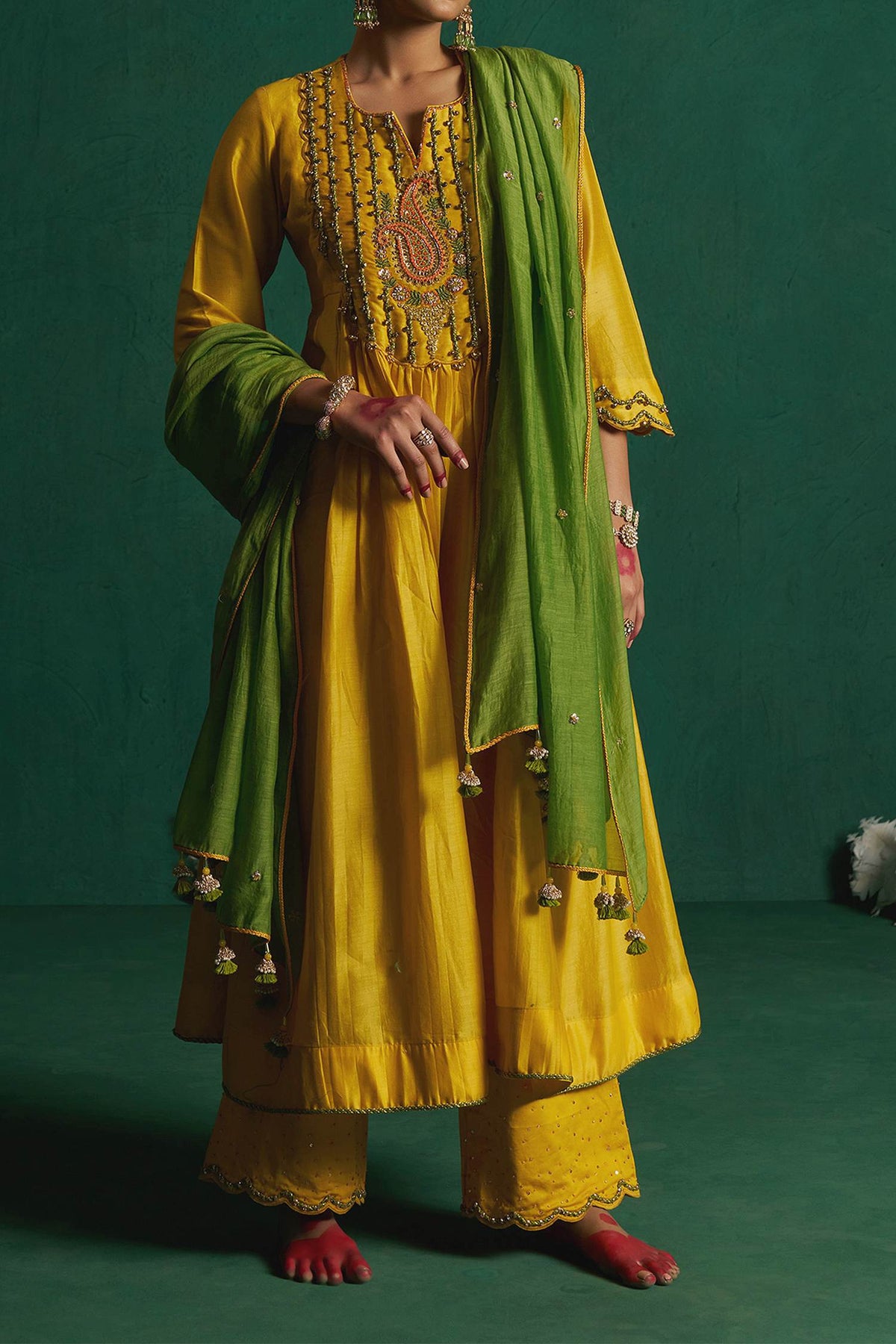 Hirika &amp; Dhruti Yellow Hand Embroidered Dori Work Anarkali Set For Kids Online at Aza Fashions