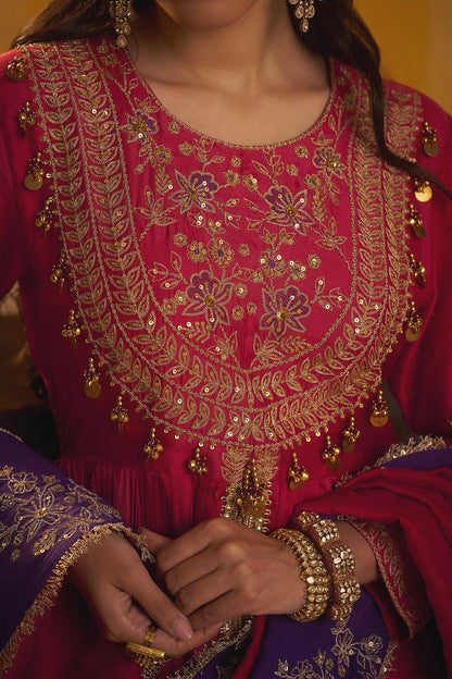 Shop Hirika &amp; Dhruti Red Dori Tikki Work Anarkali And Embroidered Dupatta For Kids Online at Aza Fashions