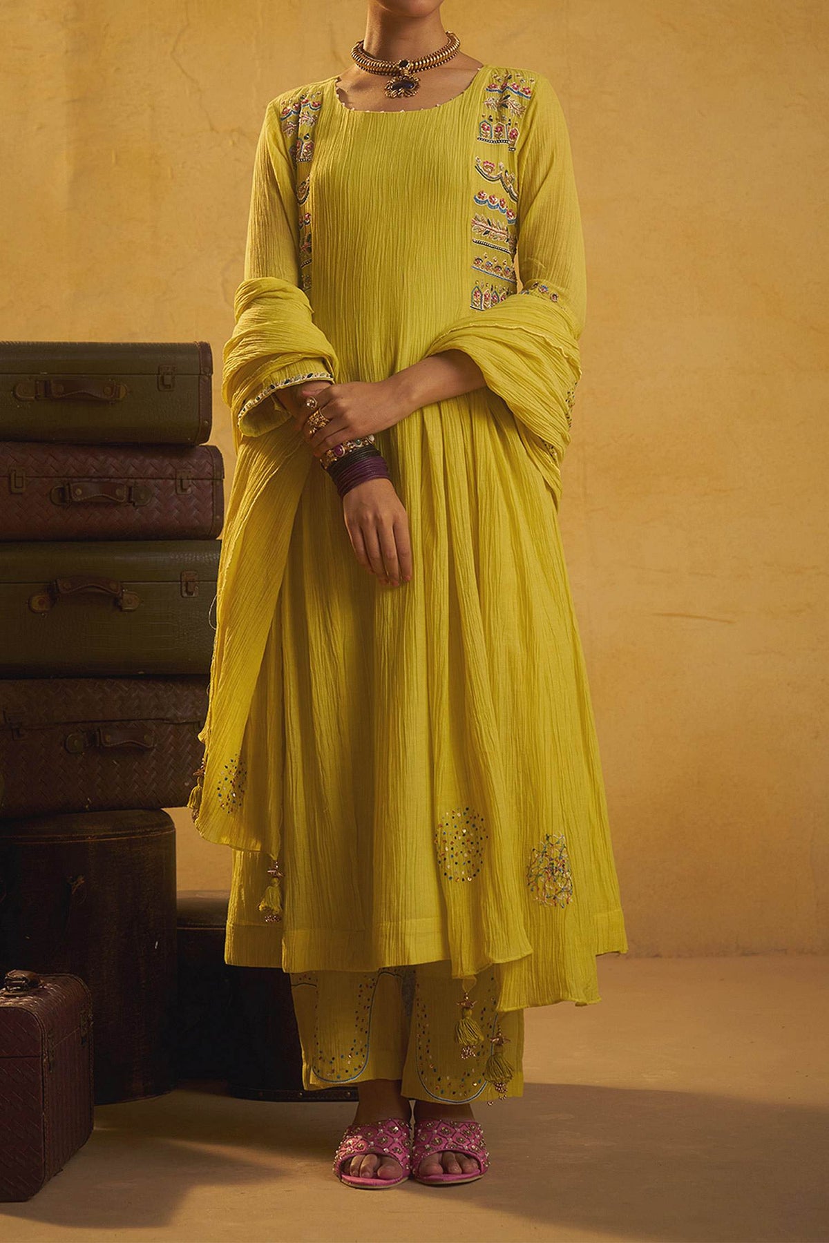 Shop Hirika &amp; Dhruti Yellow Tikki Work Anarkali Kurta And Sharara Set For Kids Online at Aza Fashions