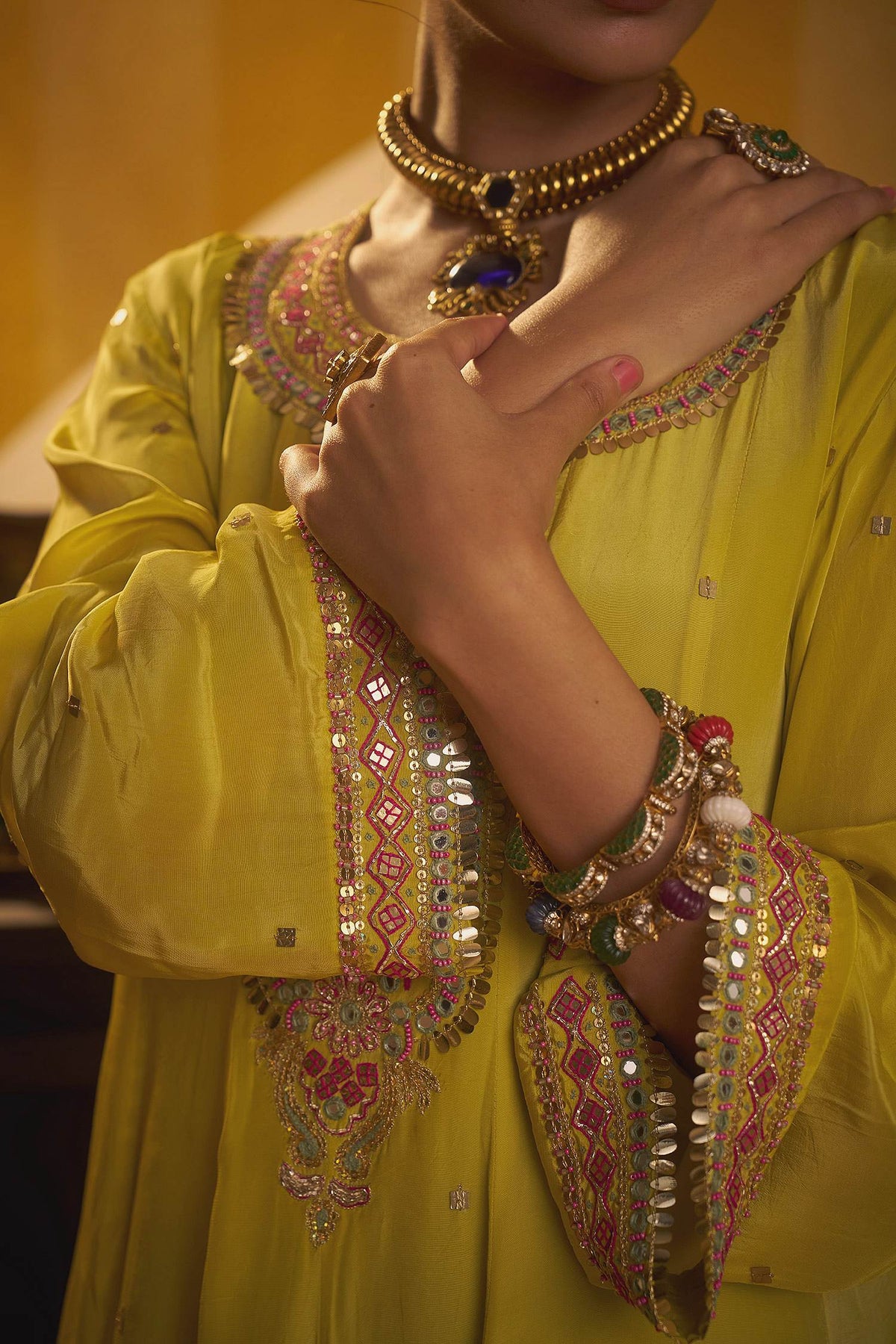 Hirika &amp; Dhruti Yellow Tikki Work Anarkali Kurta And Sharara Set For Kids Online at Aza Fashions