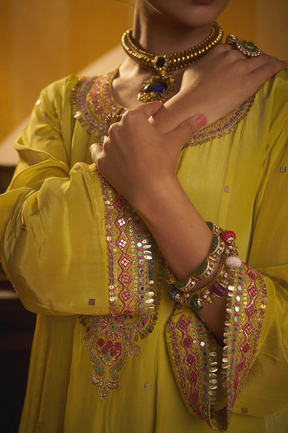 Hirika &amp; Dhruti Yellow Tikki Work Anarkali Kurta And Sharara Set For Kids Online at Aza Fashions