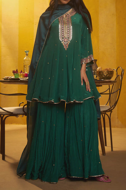 Hirika &amp; Dhruti Green Tikki Work Anarkali Sharara Set For Kids Online at Aza Fashions