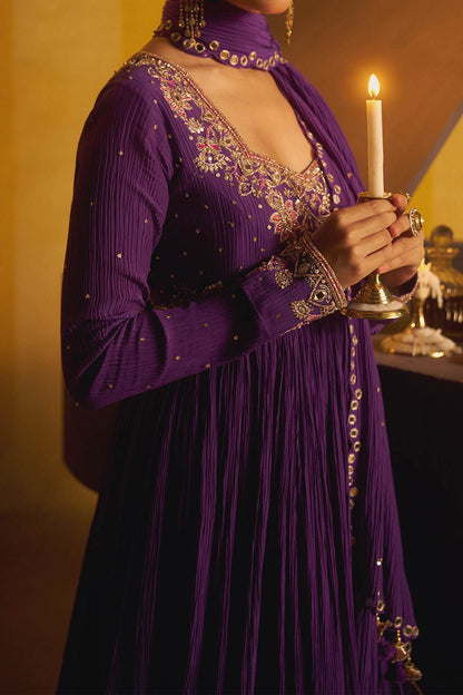 Shop Hirika &amp; Dhruti Purple Hand Pleated Anarkali And Mirror Dupatta For Kids Online at Aza Fashions