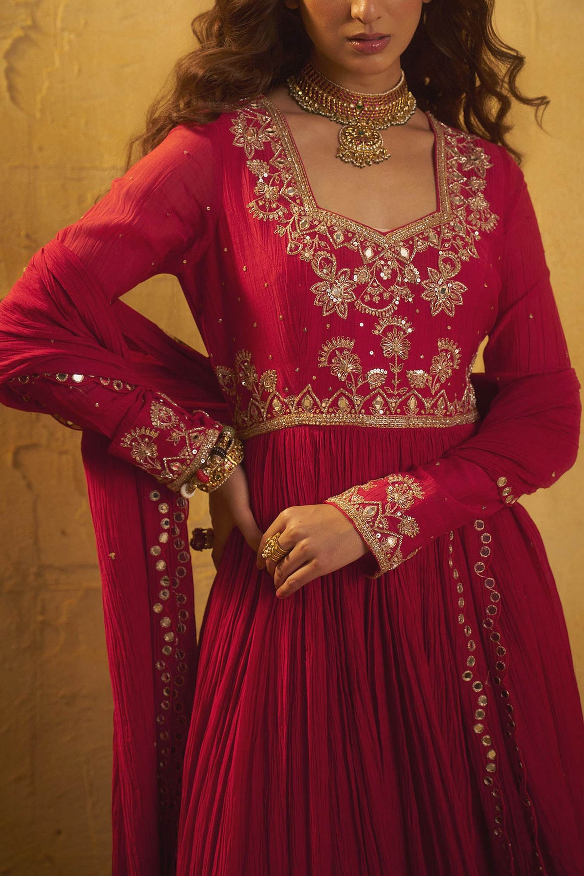 Hirika &amp; Dhruti Red Hand Work Pleated Anarkali And Mirror Dupatta For Kids