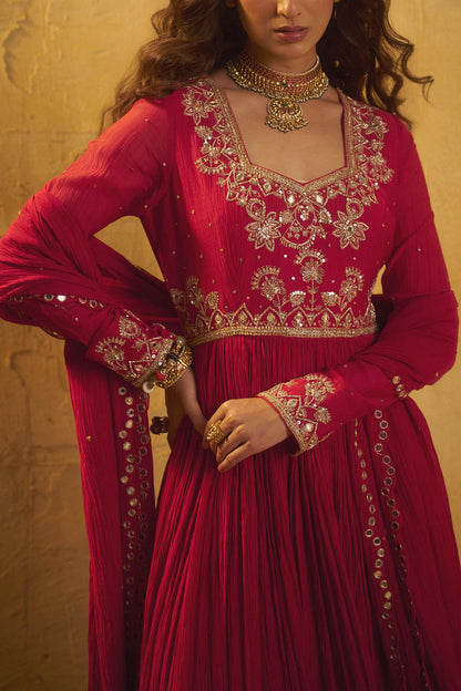 Hirika &amp; Dhruti Red Hand Work Pleated Anarkali And Mirror Dupatta For Kids