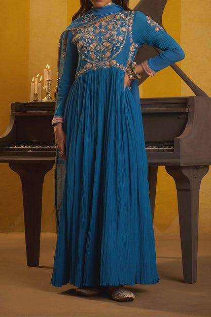 Hirika &amp; Dhruti Blue Patchwork Pleated Anarkali And Embroidered Dupatta For Kids