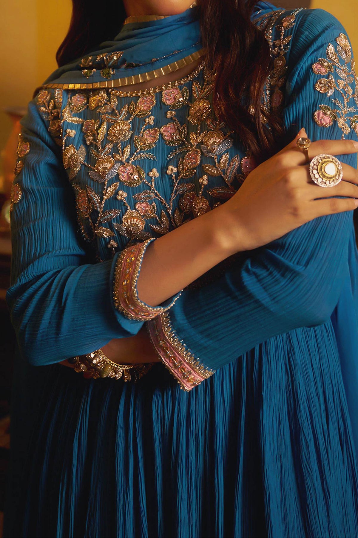 Hirika &amp; Dhruti Blue Patchwork Pleated Anarkali And Embroidered Dupatta For Kids