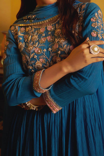 Hirika &amp; Dhruti Blue Patchwork Pleated Anarkali And Embroidered Dupatta For Kids