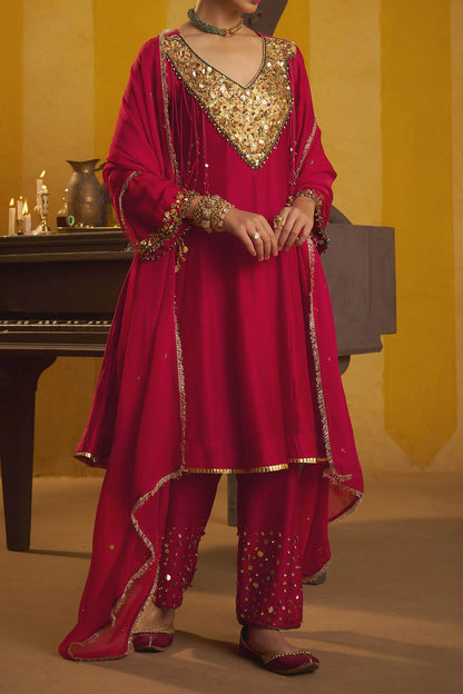 Hirika &amp; Dhruti Red Hand Work Kurta Embroidered Pant And Dupatta For Kids Online at Aza Fashions