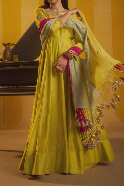Shop Hirika &amp; Dhruti Lime Moti Work Anarkali And Colorful Dupatta For Kids Online at Aza Fashions