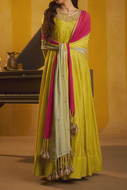 Hirika &amp; Dhruti Lime Moti Work Anarkali And Colorful Dupatta For Kids Online at Aza Fashions