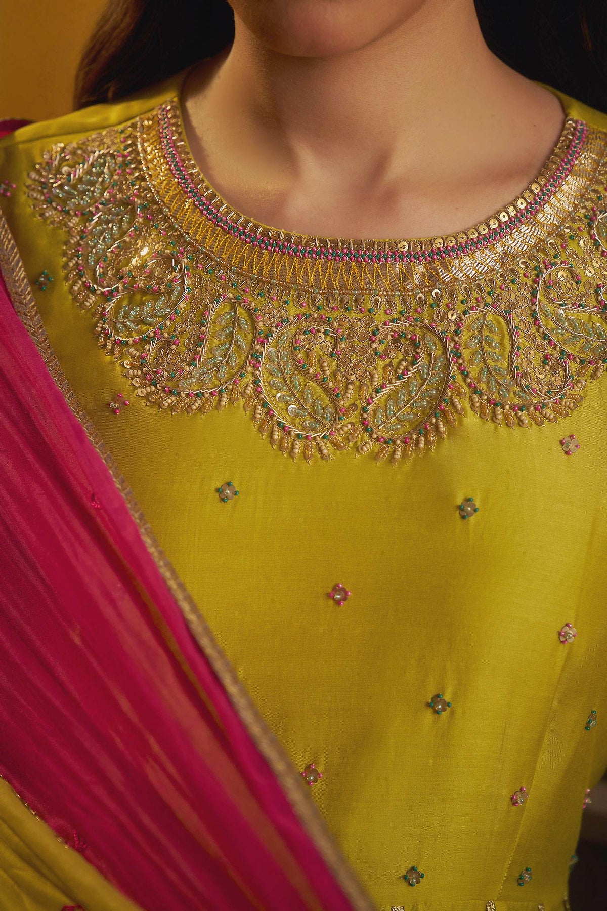 Hirika &amp; Dhruti Lime Moti Work Anarkali And Colorful Dupatta For Kids at Aza Fashions