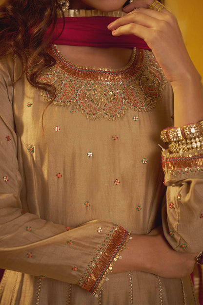 Shop Hirika &amp; Dhruti Brown Moti Work Anarkali And Colorful Dupatta For Kids Online at Aza Fashions