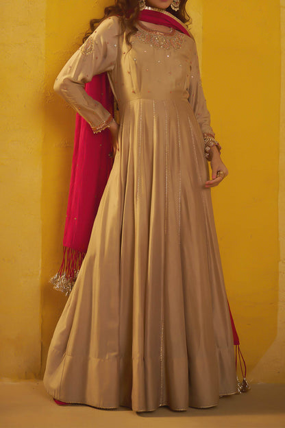 Buy Hirika &amp; Dhruti Brown Moti Work Anarkali And Colorful Dupatta For Kids Online at Aza Fashions
