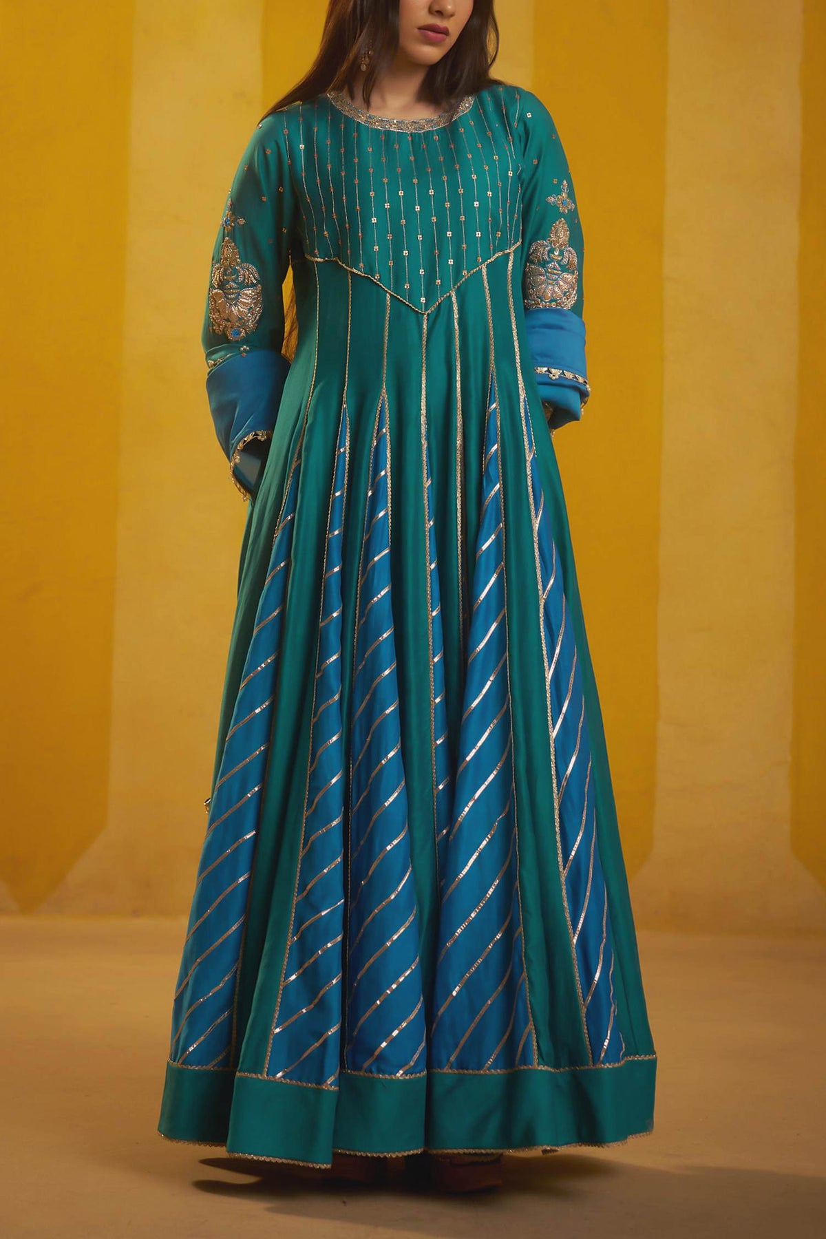 Hirika &amp; Dhruti Teal Gota And Zardozi Anarkali Set For Kids Online at Aza Fashions