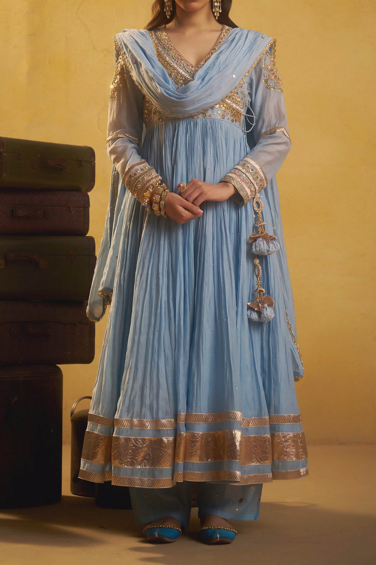 Hirika &amp; Dhruti Sky Blue Metal Tikki Angarkha Pant And Dupatta Set For Kids at Aza Fashions