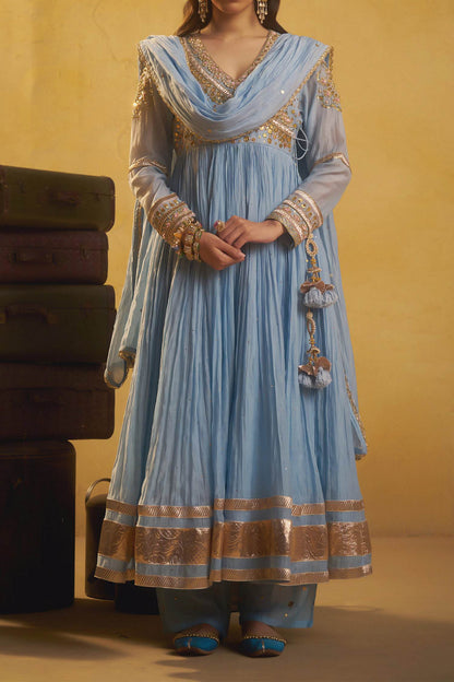 Hirika &amp; Dhruti Sky Blue Metal Tikki Angarkha Pant And Dupatta Set For Kids at Aza Fashions