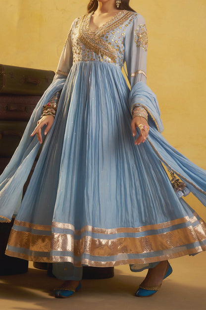 Shop Hirika &amp; Dhruti Sky Blue Metal Tikki Angarkha Pant And Dupatta Set For Kids Online at Aza Fashions