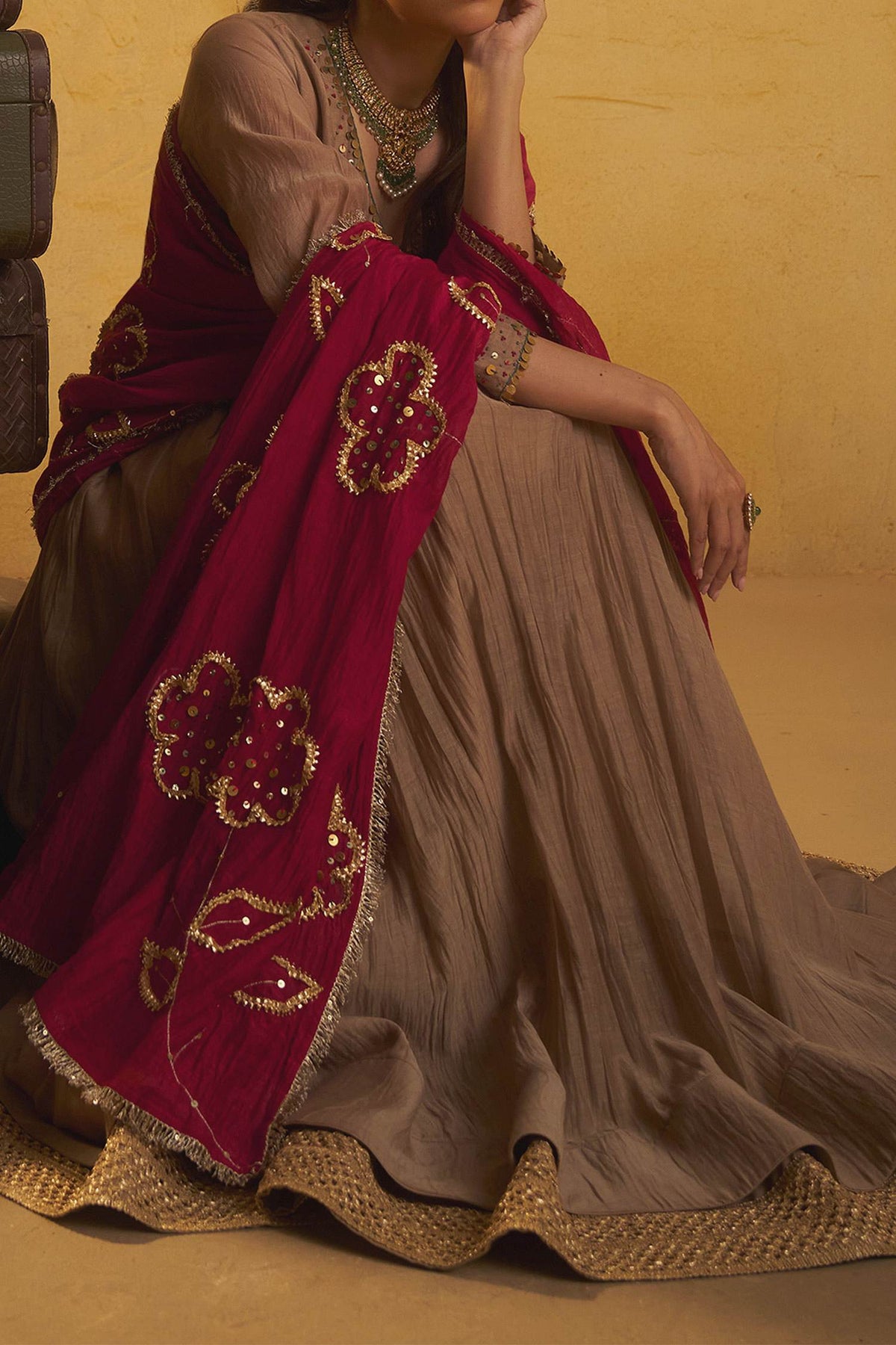 Buy Hirika &amp; Dhruti Brown Tikki Pleated Anarkali And Jhal Dupatta For Kids Online at Aza Fashions