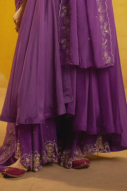 Shop Hirika &amp; Dhruti Purple Hand Embroidered Anarkali Sharara Set With Dupatta For Kids