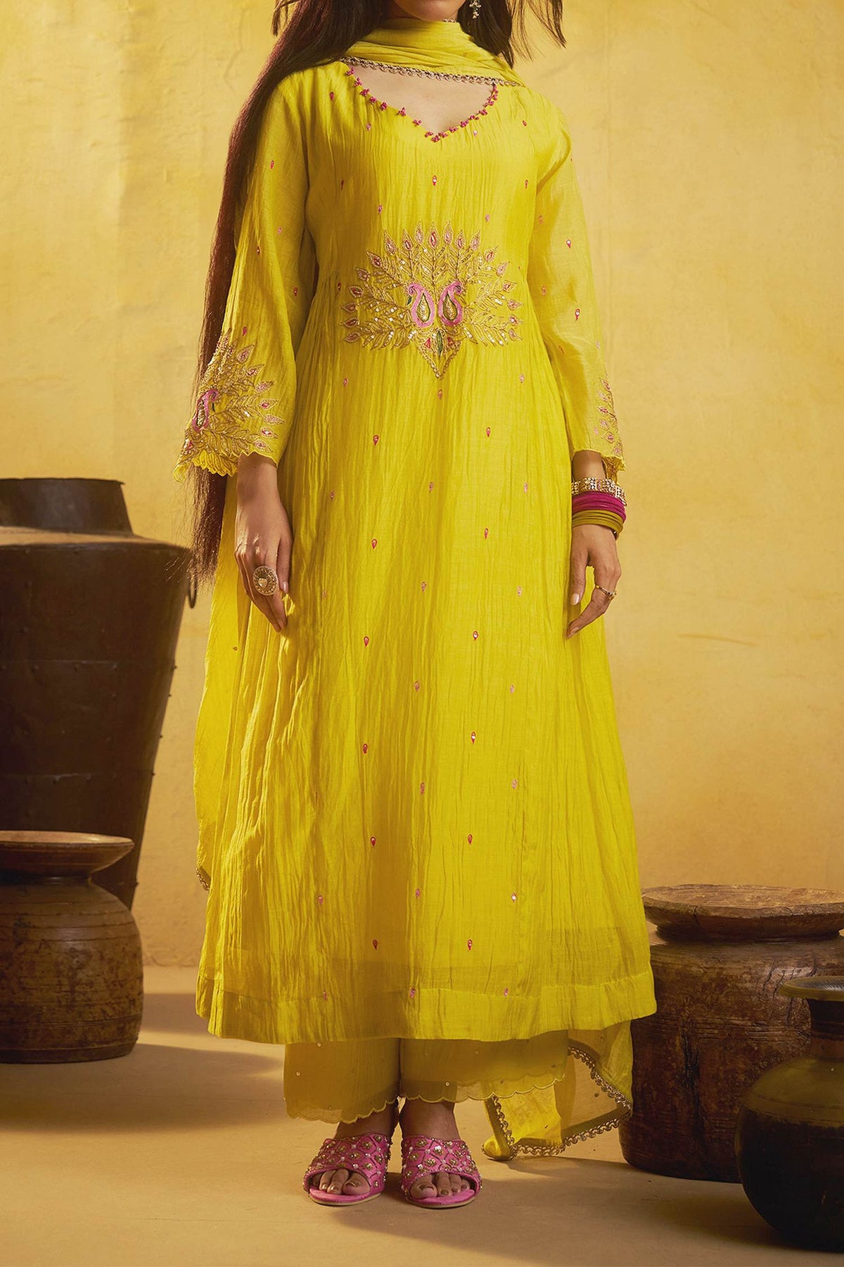 Shop Hirika &amp; Dhruti Yellow Marodi Work Chanderi Kurta Set For Kids Online at Aza Fashions