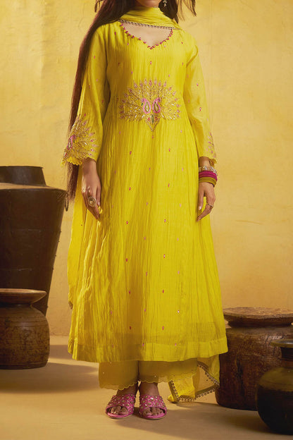 Shop Hirika &amp; Dhruti Yellow Marodi Work Chanderi Kurta Set For Kids Online at Aza Fashions