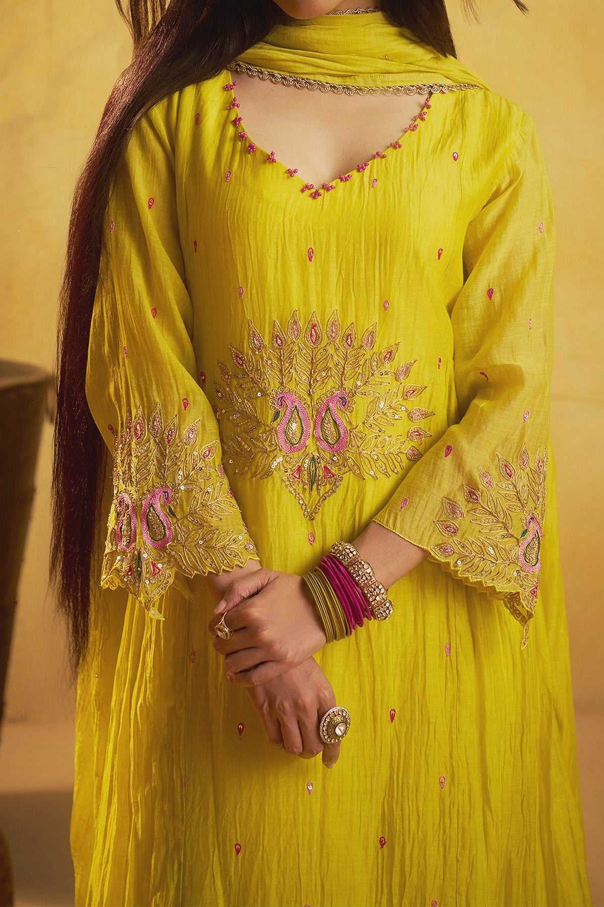 Buy Hirika &amp; Dhruti Yellow Marodi Work Chanderi Kurta Set For Kids Online at Aza Fashions