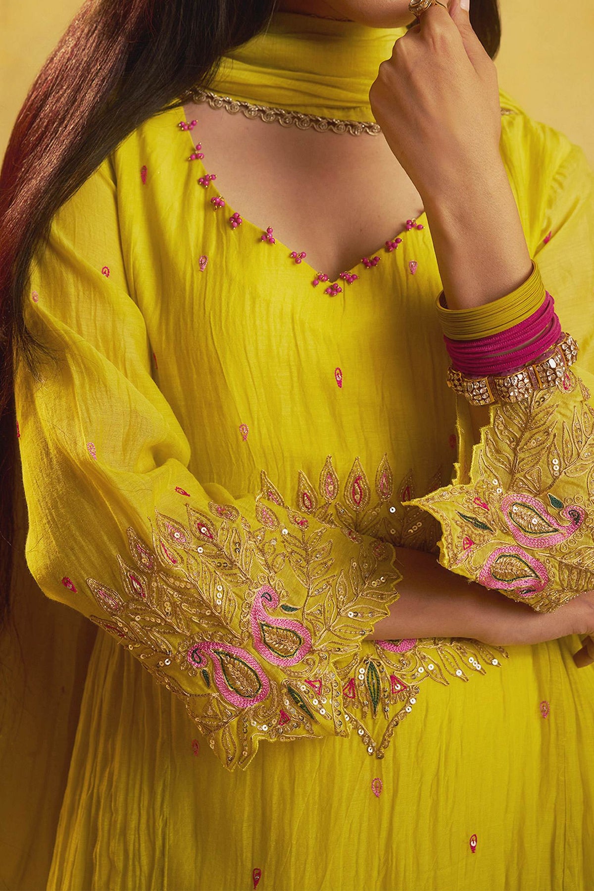 Hirika &amp; Dhruti Yellow Marodi Work Chanderi Kurta Set For Kids at Aza Fashions