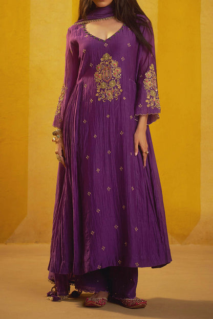 Shop Hirika &amp; Dhruti Purple Marodi Work Chanderi Kurta Pant And Dupatta Set For Kids