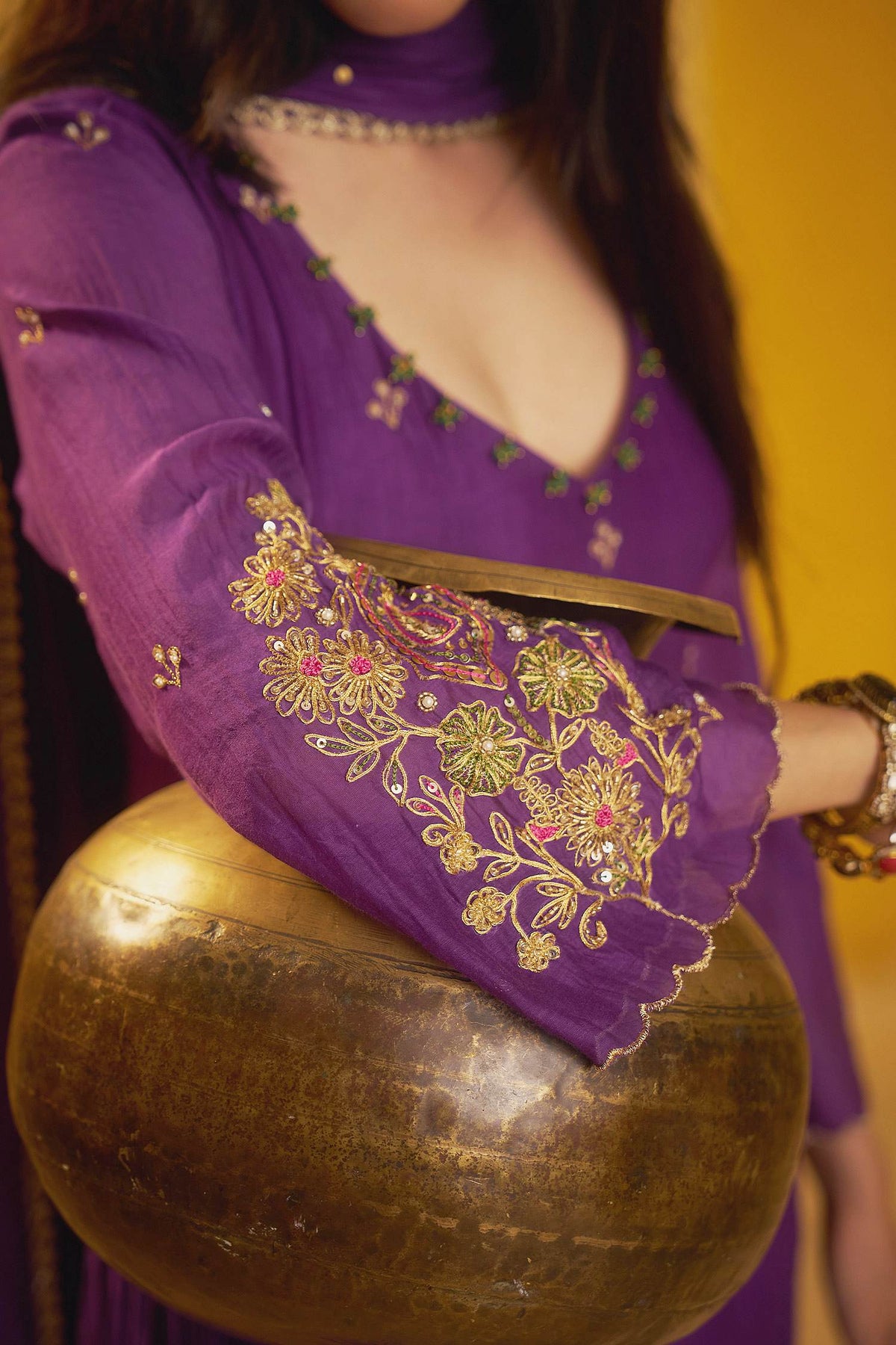 Buy Hirika &amp; Dhruti Purple Marodi Work Chanderi Kurta Pant And Dupatta Set For Kids