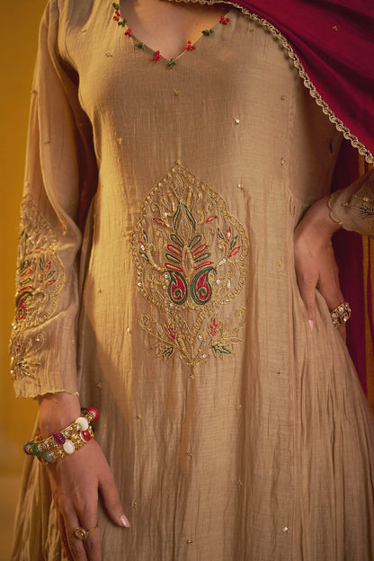 Hirika &amp; Dhruti Brown Marodi Work Kurta Tikki Chitta Pant And Dupatta For Kids at Aza Fashions