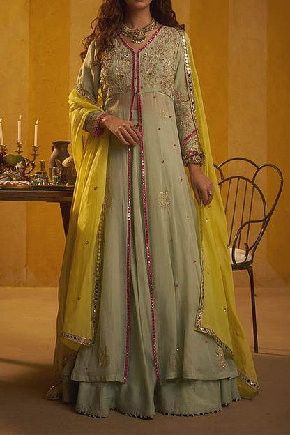 Hirika &amp; Dhruti Mint Zardozi Hand Embroidered Jacket Lehenga Set For Kids at Aza Fashions