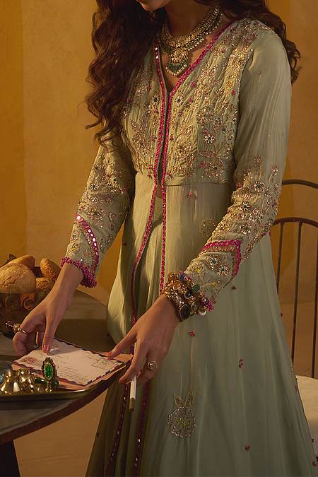 Shop Hirika &amp; Dhruti Mint Zardozi Hand Embroidered Jacket Lehenga Set For Kids Online at Aza Fashions
