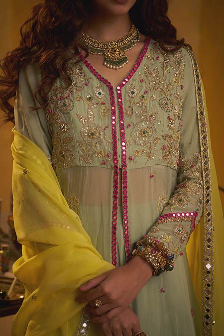 Hirika &amp; Dhruti Mint Zardozi Hand Embroidered Jacket Lehenga Set For Kids Online at Aza Fashions