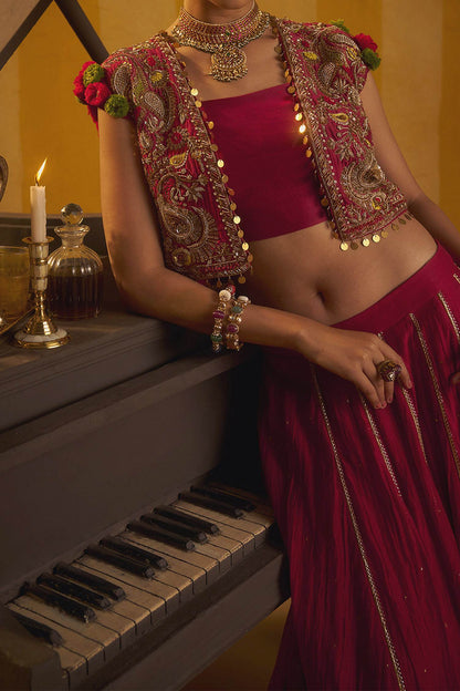 Hirika &amp; Dhruti Red Hand Embroidered Jacket Lehenga Set For Kids at Aza Fashions