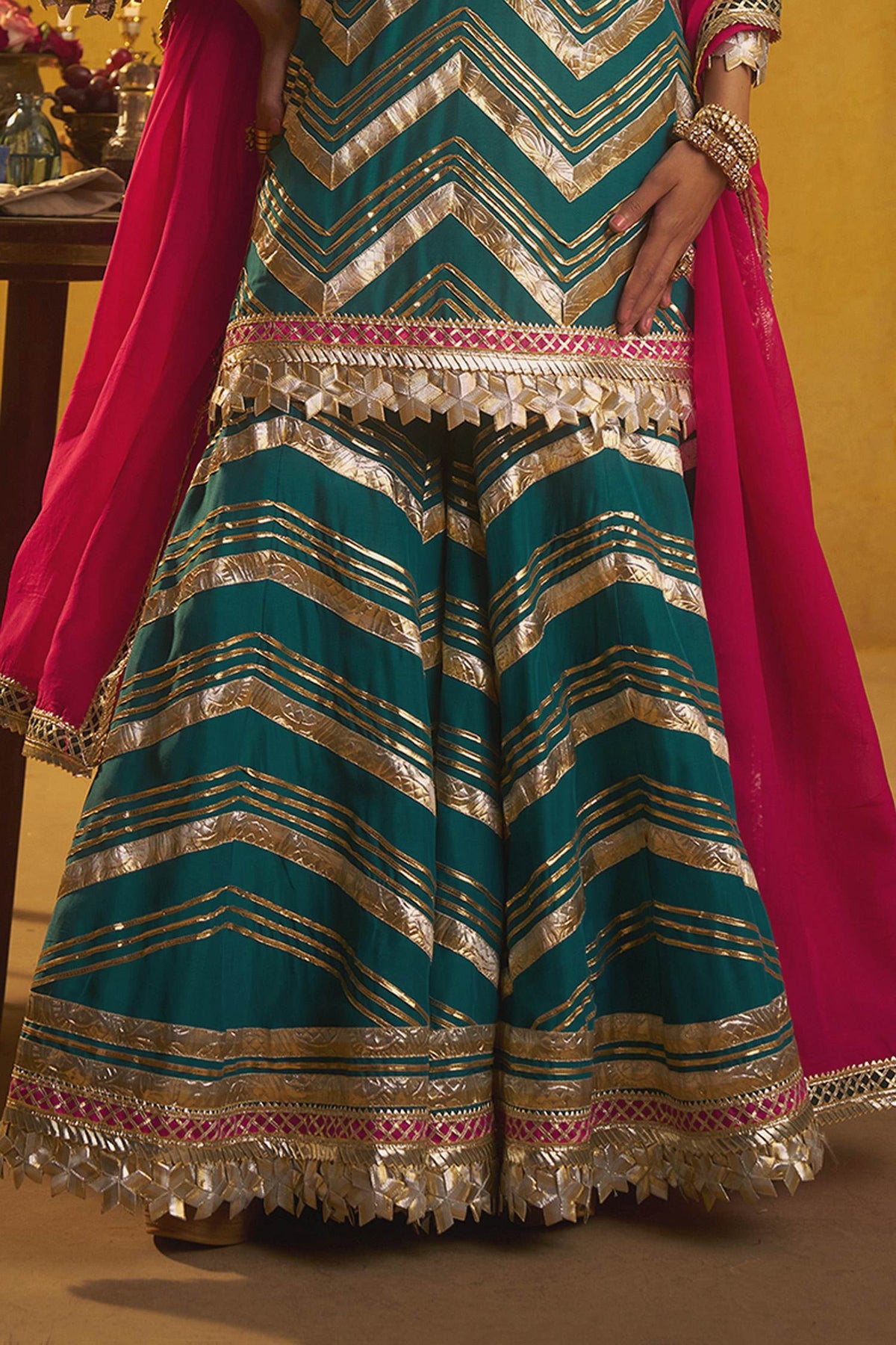 Hirika &amp; Dhruti Teal Gota Patti Kurta Sharara And Dupatta Set For Kids Online at Aza Fashions