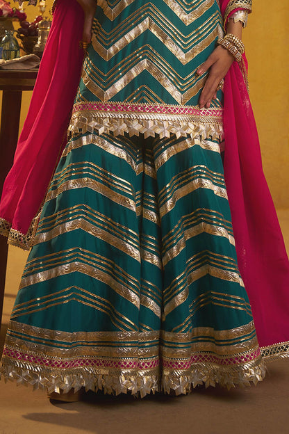 Hirika &amp; Dhruti Teal Gota Patti Kurta Sharara And Dupatta Set For Kids Online at Aza Fashions