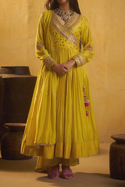 Shop Hirika &amp; Dhruti Yellow Metal Tikki Work Angarkha Pant Set For Kids Online at Aza Fashions