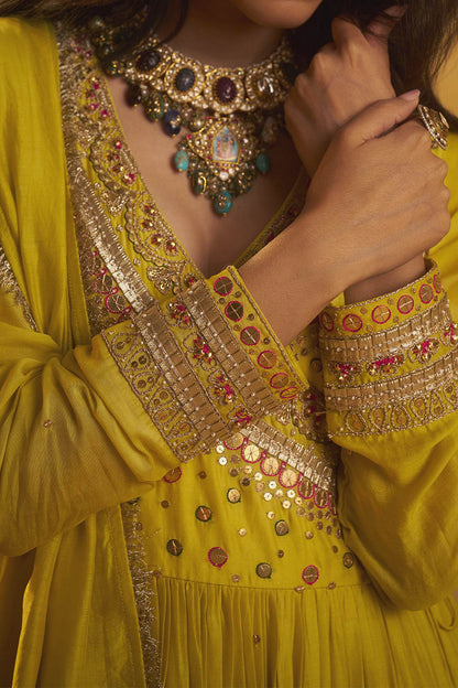 Hirika &amp; Dhruti Yellow Metal Tikki Work Angarkha Pant Set For Kids Online at Aza Fashions