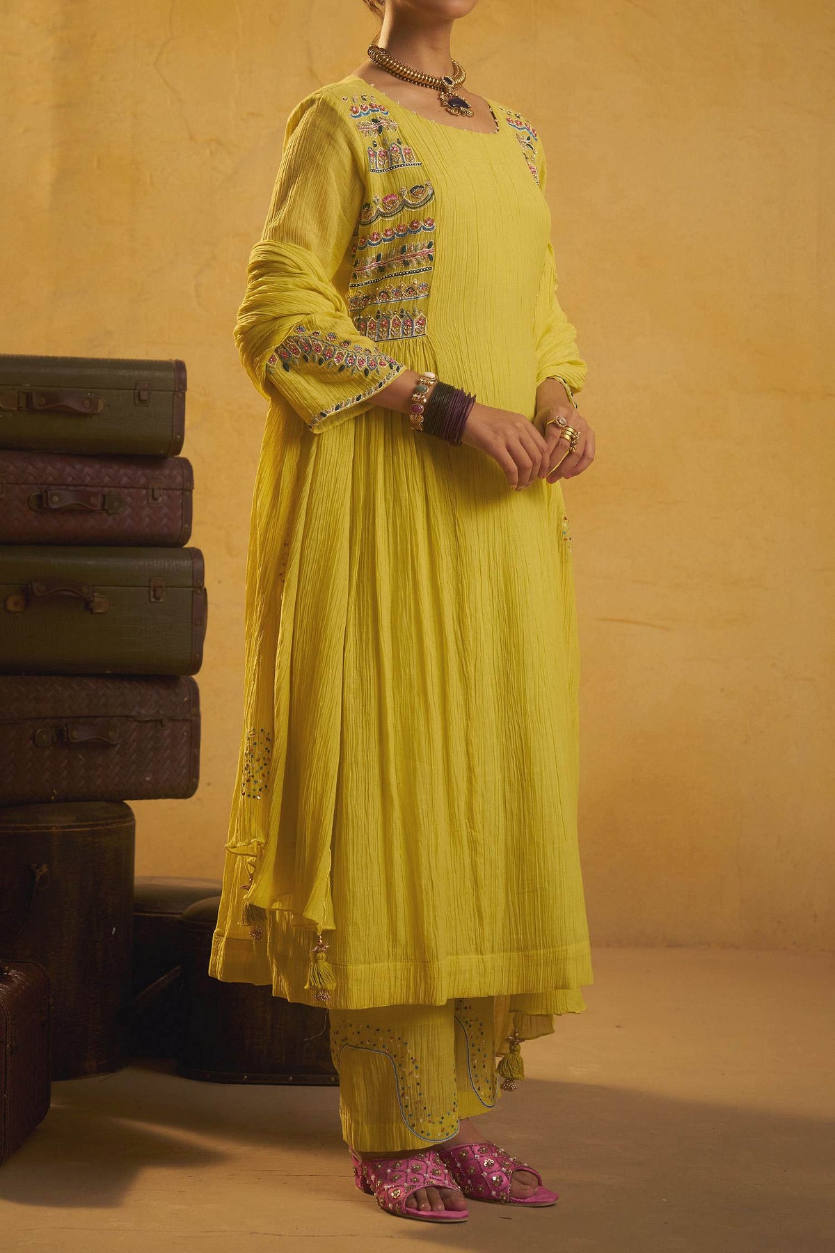Hirika &amp; Dhruti Yellow Thread Work Kurta Set With Butti Dupatta For Kids at Aza Fashions