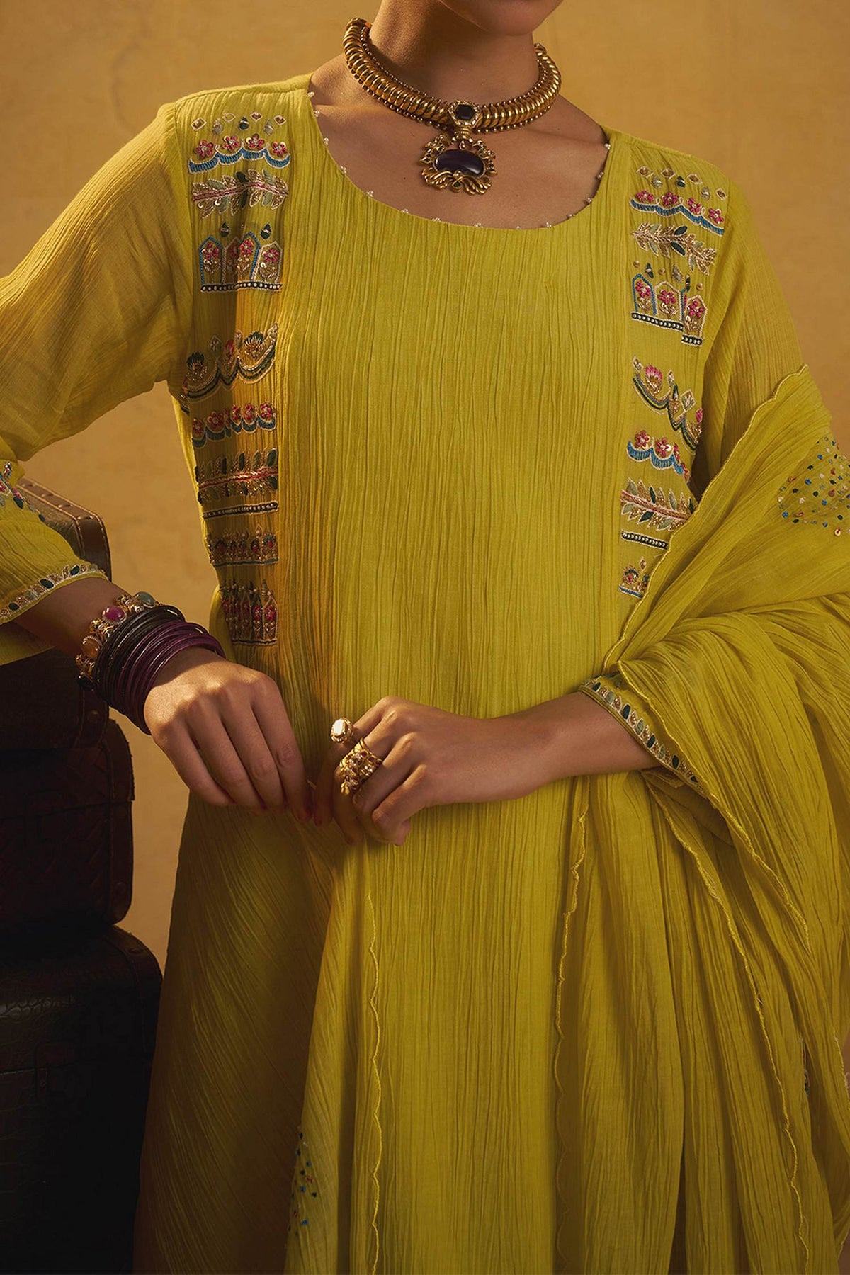 Buy Hirika &amp; Dhruti Yellow Thread Work Kurta Set With Butti Dupatta For Kids Online at Aza Fashions