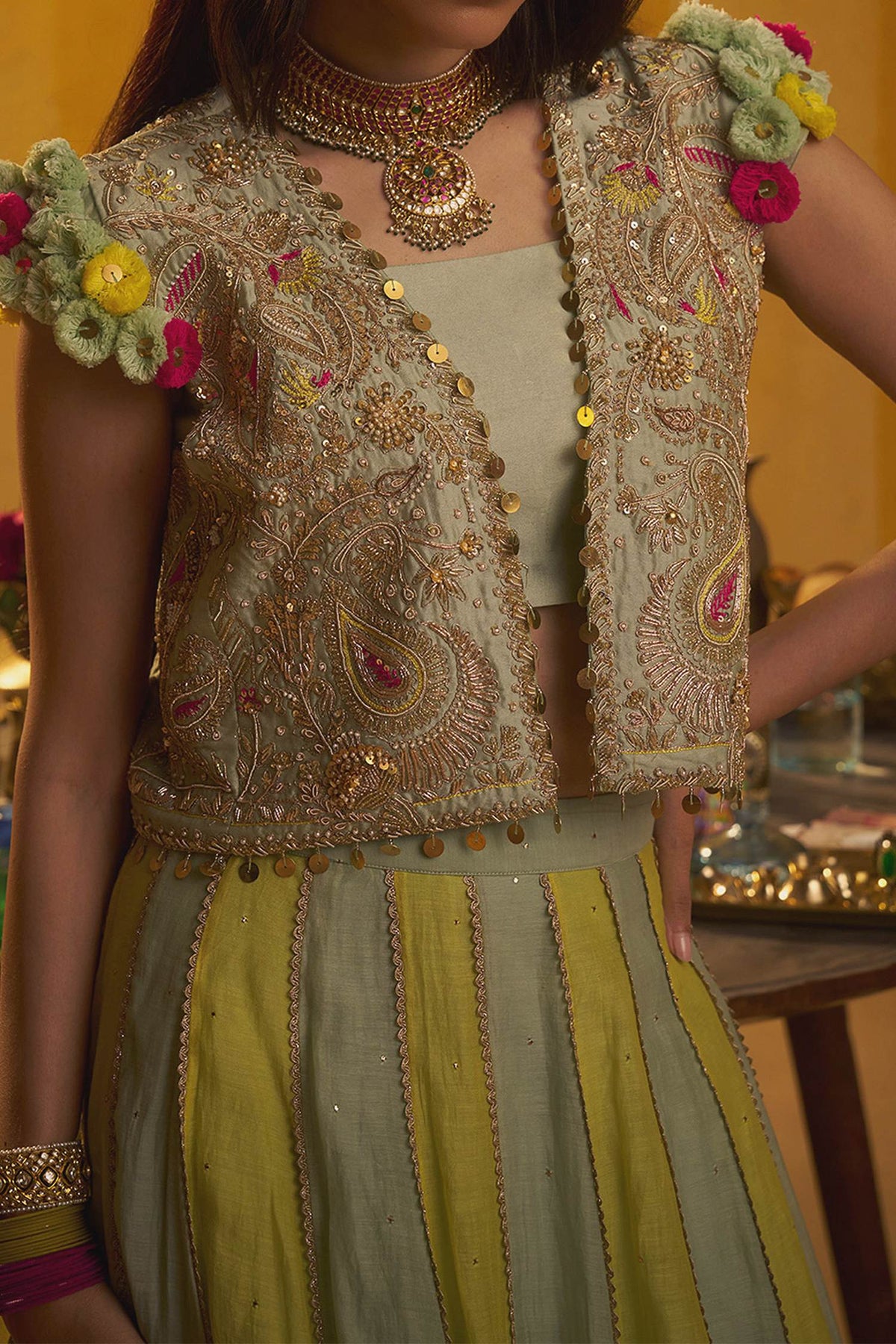 Hirika &amp; Dhruti Green Embroidered Crop Jacket And Lehenga Set For Kids at Aza Fashions