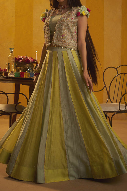 Hirika &amp; Dhruti Green Embroidered Crop Jacket And Lehenga Set For Kids Online at Aza Fashions