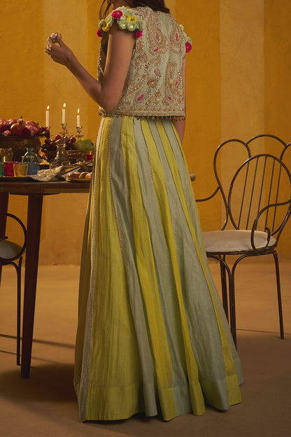 Buy Hirika &amp; Dhruti Green Embroidered Crop Jacket And Lehenga Set For Kids Online at Aza Fashions