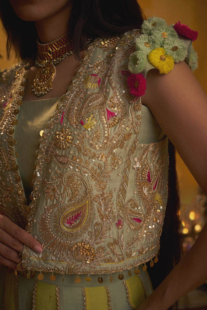 Shop Hirika &amp; Dhruti Green Embroidered Crop Jacket And Lehenga Set For Kids Online at Aza Fashions