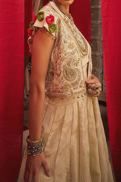 Shop Hirika &amp; Dhruti Off White Hand Embroidered Jacket Lehenga Set For Kids