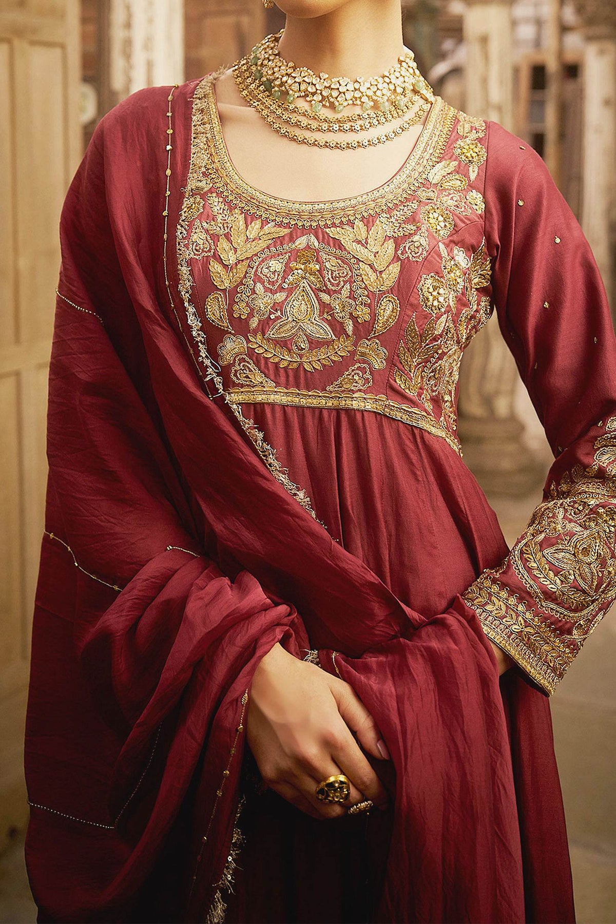 Hirika &amp; Dhruti Burgundy Karnika Hand Work Anarkali With Dupatta For Kids at Aza Fashions